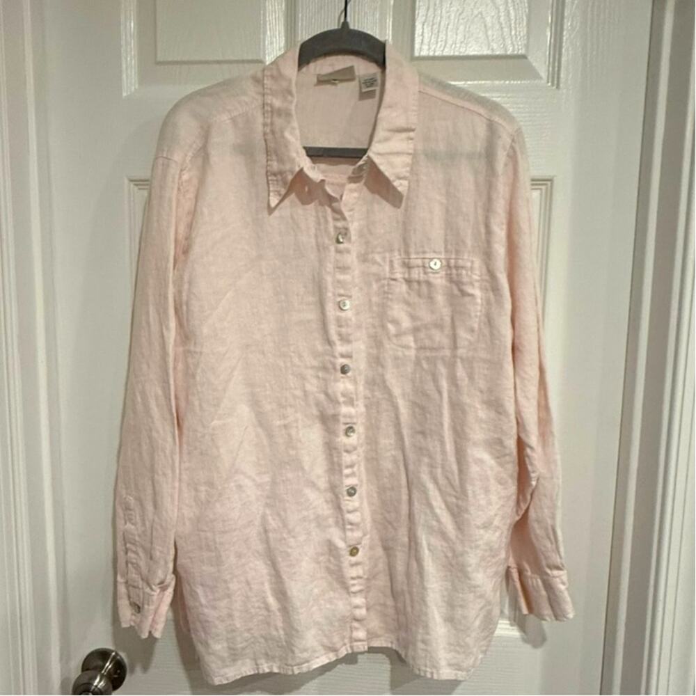 Chico's Design Linen Button Down Shirt Size 3 XL Pink Long Sleeve